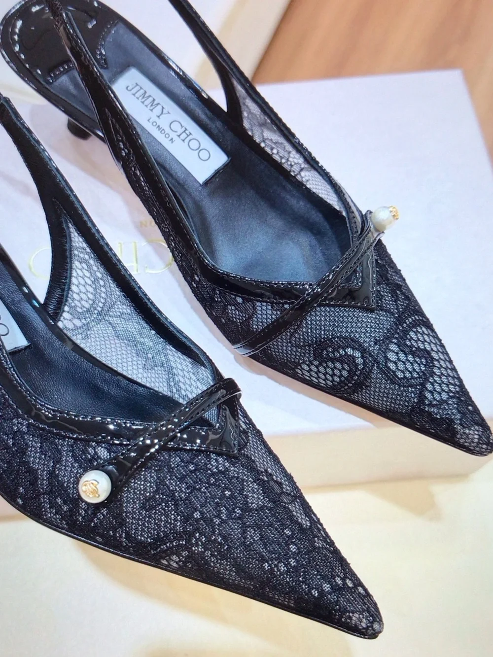 Jimmy Choo Black Lace Pointed Slingback Pumps with Pearl Accent